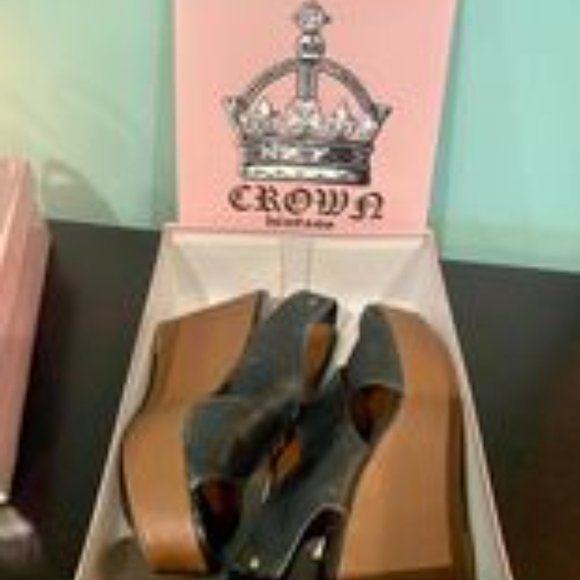 CROWN VINTAGE Black leather Wedge Slip On Open Toe - Picture 9 of 11